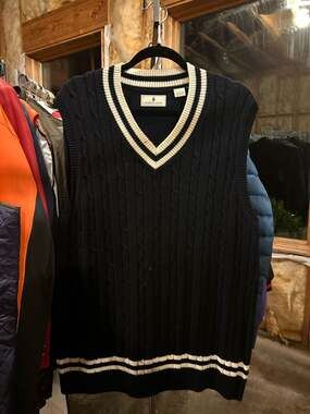 Southern Pines Navy Blue Cable Knit V-Neck Cricket Sweater Vest with White Strip